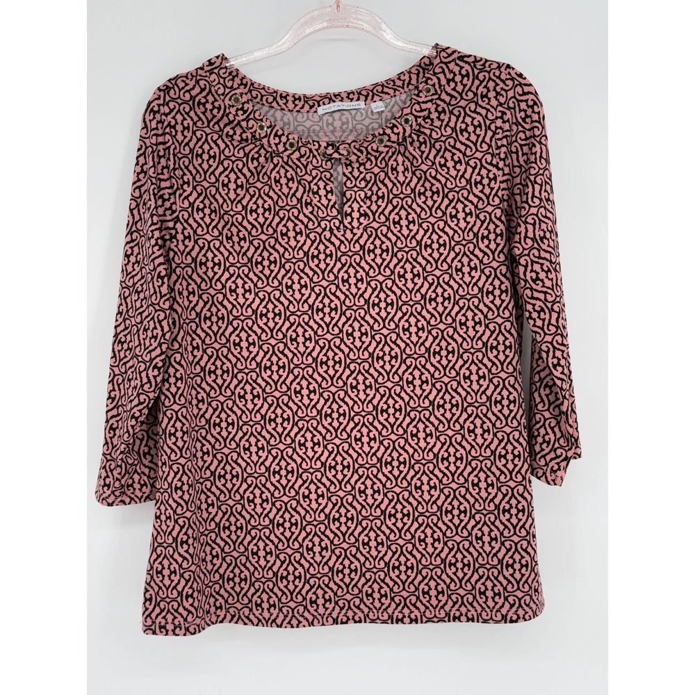 Notations Women's Pink Black Geometric Print 3/4 Sleeve Keyhole Neck Top Sz L